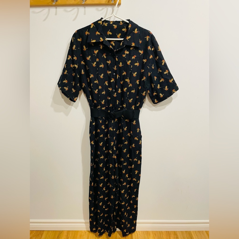 Handmade Black Floral-Print Women's jumpsuit with Belt